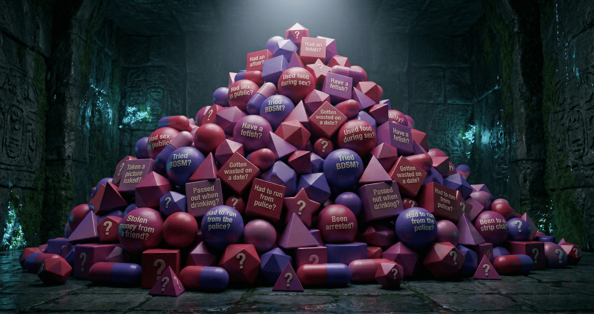 A pile of colorful question shapes representing 125+ dating questions