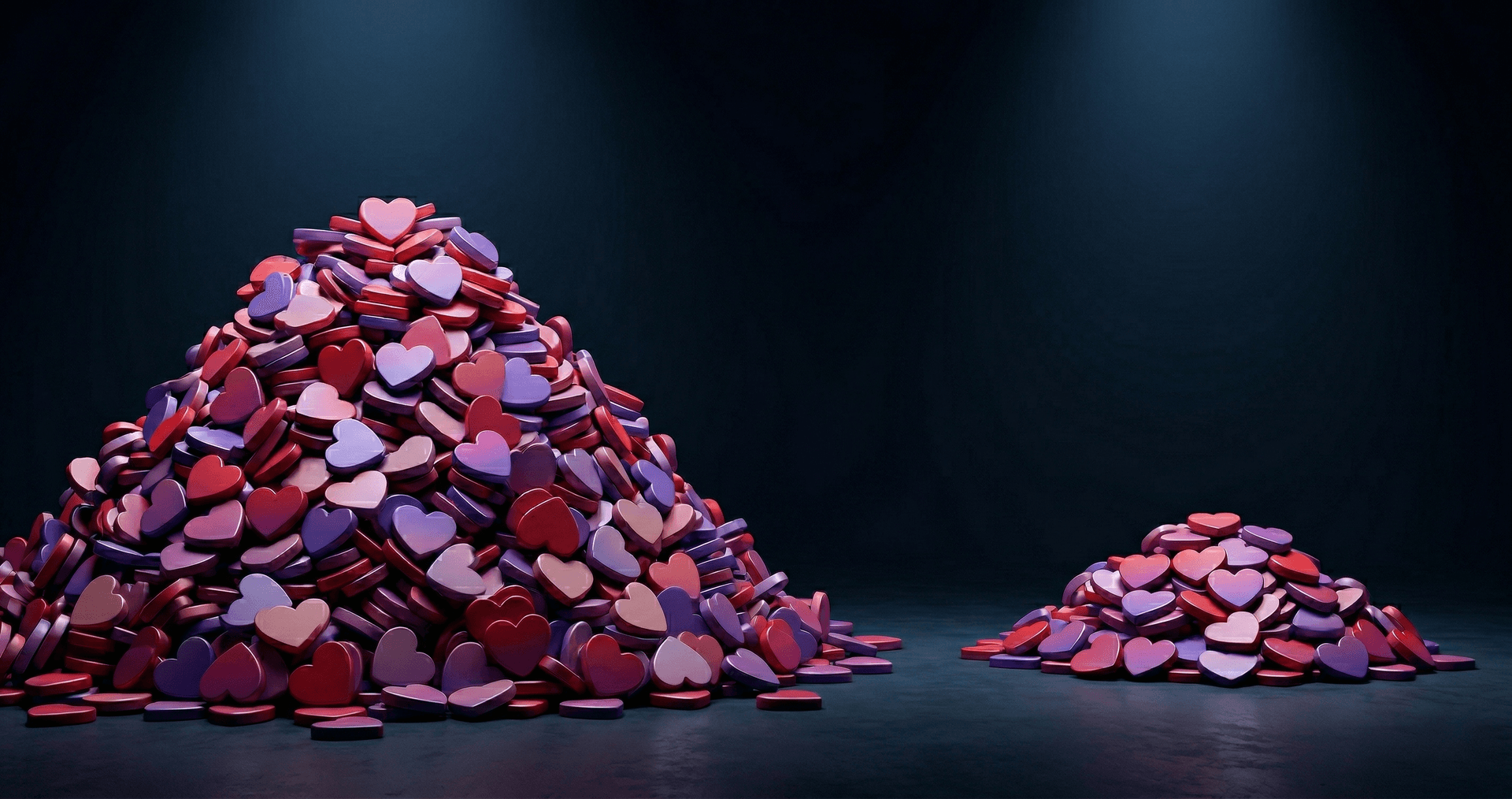 A large pile and small pile of hearts showing unequal distribution of likes